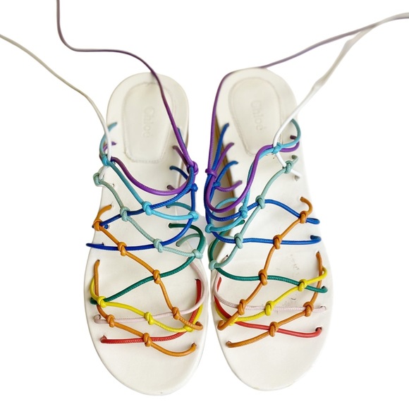 CHLOÉ Rainbow Knotted Leather Wedge Sandals - Picture 4 of 11